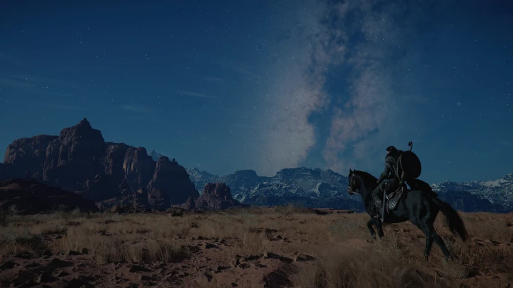 Kliff podróżując konno nocą w Crimson Desert
