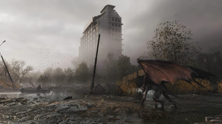postapokaliptyczny krajobraz i latający mutant w grze Metro Exodus