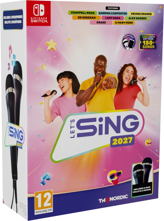 Let’s Sing 2027 na Nintendo Switch z dwoma mikrofonami – opakowanie zestawu